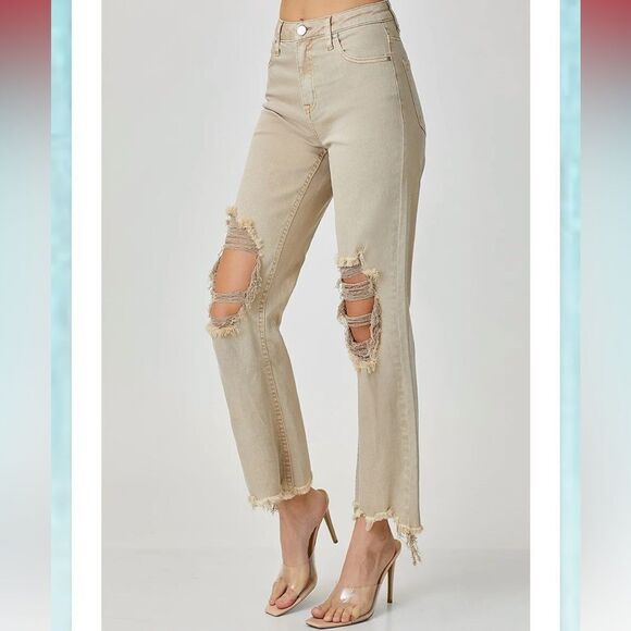 RISEN LOS Angeles Sand High Rise Distressed Straight Leg Jean Raw Hem 7/28 NEW - Picture 5 of 16